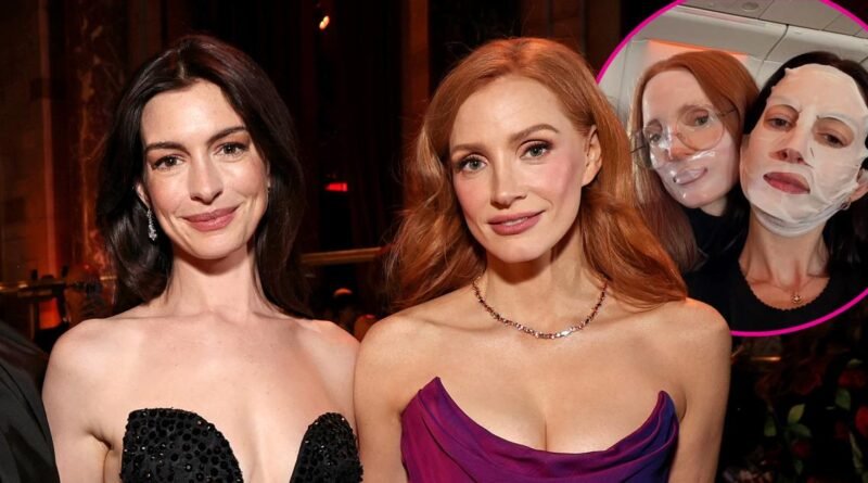 Anne Hathaway and Jessica Chastain Unwind with Sheet Masks While Flying