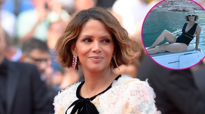 Halle Berry Dazzles in a Deep-Plunge Swimsuit While Vacationing
